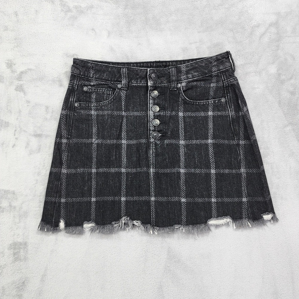 NEW American Eagle Skirt Womens 4 Black Plaid‎ Super Hi-Rise Festival Mini Denim